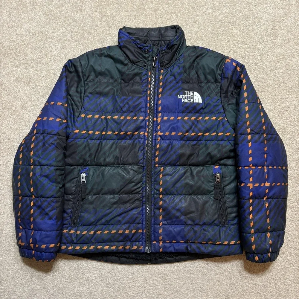 The North Face Jacket Boys Small 7/8 Blue Plaid Reversible Sherpa Puffer Outdoor